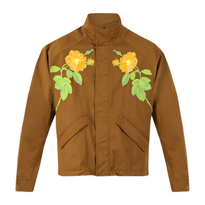 Men Brown Flower Embroidered Zipped Jacket