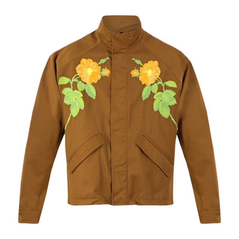 Men Brown Flower Embroidered Zipped Jacket