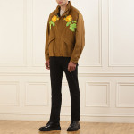 Men Brown Flower Embroidered Zipped Jacket