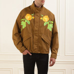 Men Brown Flower Embroidered Zipped Jacket