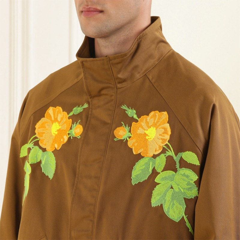 Men Brown Flower Embroidered Zipped Jacket